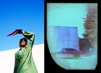 girl with a pink bag in front of a darkblue sky with a scan of a car