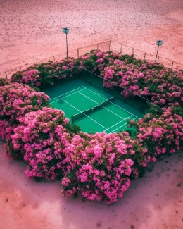 tenniscourt surrounded by pink flowers