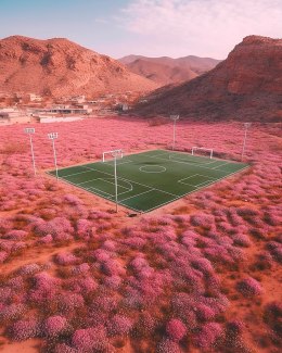 american football field in pink flower landscape