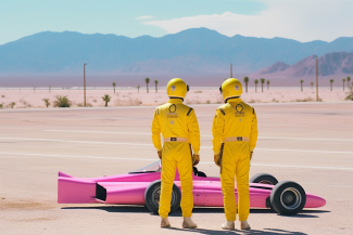 two formula one pilots standing in front of their car, AI generated picture