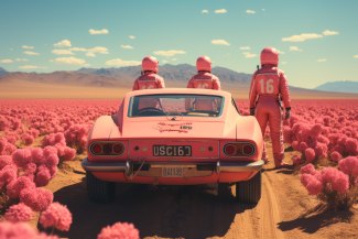 three men in pink overalls standing beside their racingcar. searching for the right track