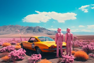 two men with pink helmet and pink overall standing beside their yellow car somewhere in a desert