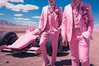 two men with pink suites walking towards the camera, racingcar in the background