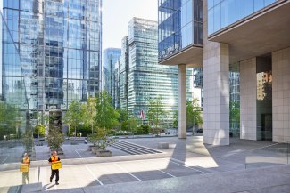 DHL courier delivers a shipment in CBD of Santiago de Chile