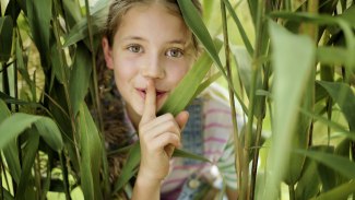 young girl pieping through high reed
