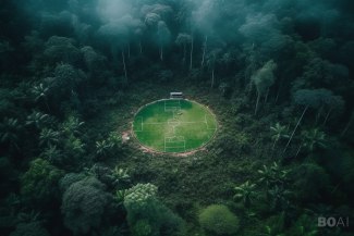an american football field, hidden in brazilian jungle