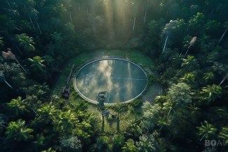 a icehockey field, hidden in brazilian jungle