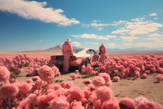 two men in pink overalls standing beside their racingcar in a flowery desert 