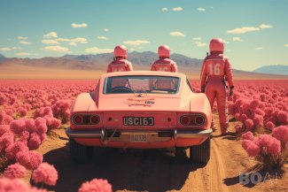 two men in pink overalls standing beside their racingcar in a flowery desert 