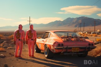 two men in pink overalls standing beside their racingcar in a flowery desert 