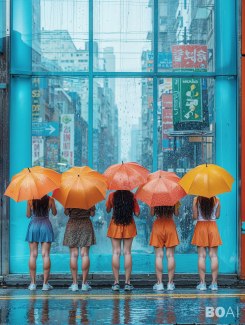 woman standing in front of busstop with umbrellas during monsoon rain