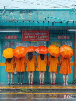 woman standing in front of busstop with umbrellas during monsoon rain
