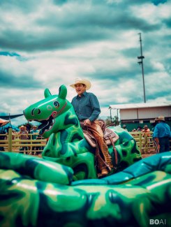 Man riding on green inflatable horse