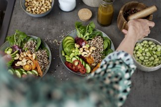 couple preparing food in the kitchen, topshot