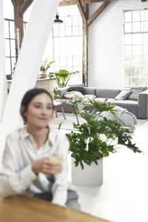 living room with woman in front