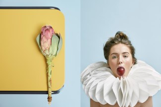 girl with a plum in the mouth