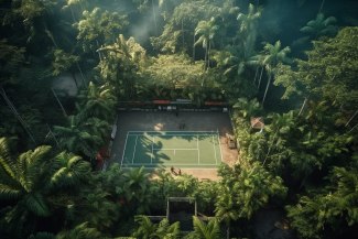 a badminton court, hidden in brazilian jungle