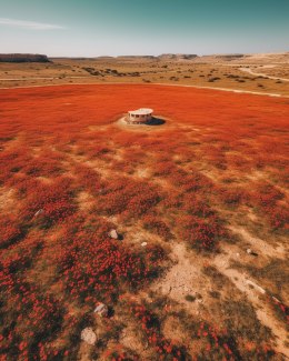 cricketfield in desert with red flowers