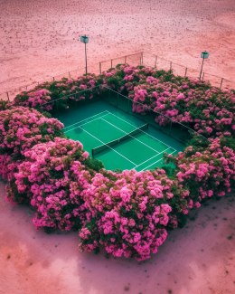 tenniscourt surrounded by pink flowers