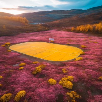yellow basketballground in pink flower landscape