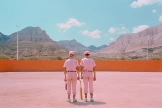 two baseballplayer standing on pink playground