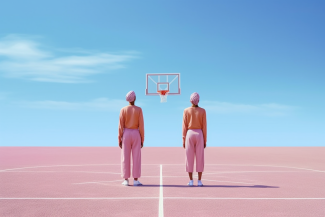 two basketballplayer standing on pink playground