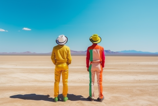 two jockeys in cowboyoutfit standing in the desert