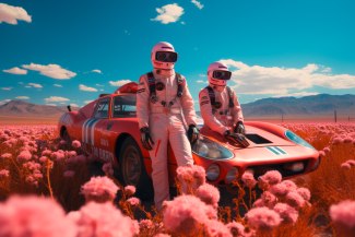 two men in pink overalls sitting on their racingcar