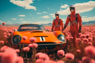 two men in orange overalls standing beside their racingcar somewhere in a flowery desert