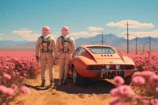 two men in racing overalls standing beside their racingcar in a flowery desert
