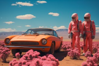 two men in pink overalls standing beside their racingcar in a flowery desert 