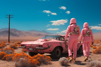 two men with pink helmet and pink overall walking towards dirty pink car somewhere in a desert