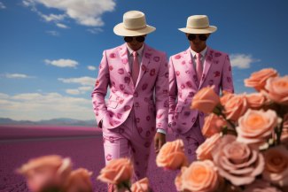 two men with pink flower suites