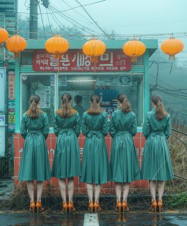 woman standing in front of busstop with umbrellas during monsoon rain