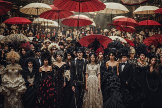the red umbrella group of 100 people on filmset