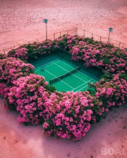 tenniscourt surrounded by pink flowers