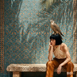 falcon sitting on the head of a young woman during a fashion shoot