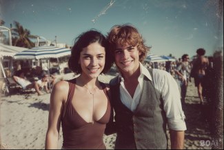 a girl and a boy smiling face to face on the beach