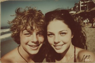 a girl and a boy smiling face to face on the beach