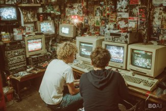 two teenager sitting in front of three PCs